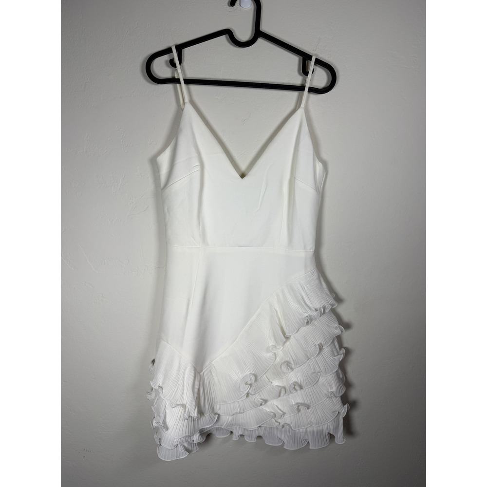 LUXXEL White Ruffle Pleated V Neck Mini Dress Spaghetti Strap Party